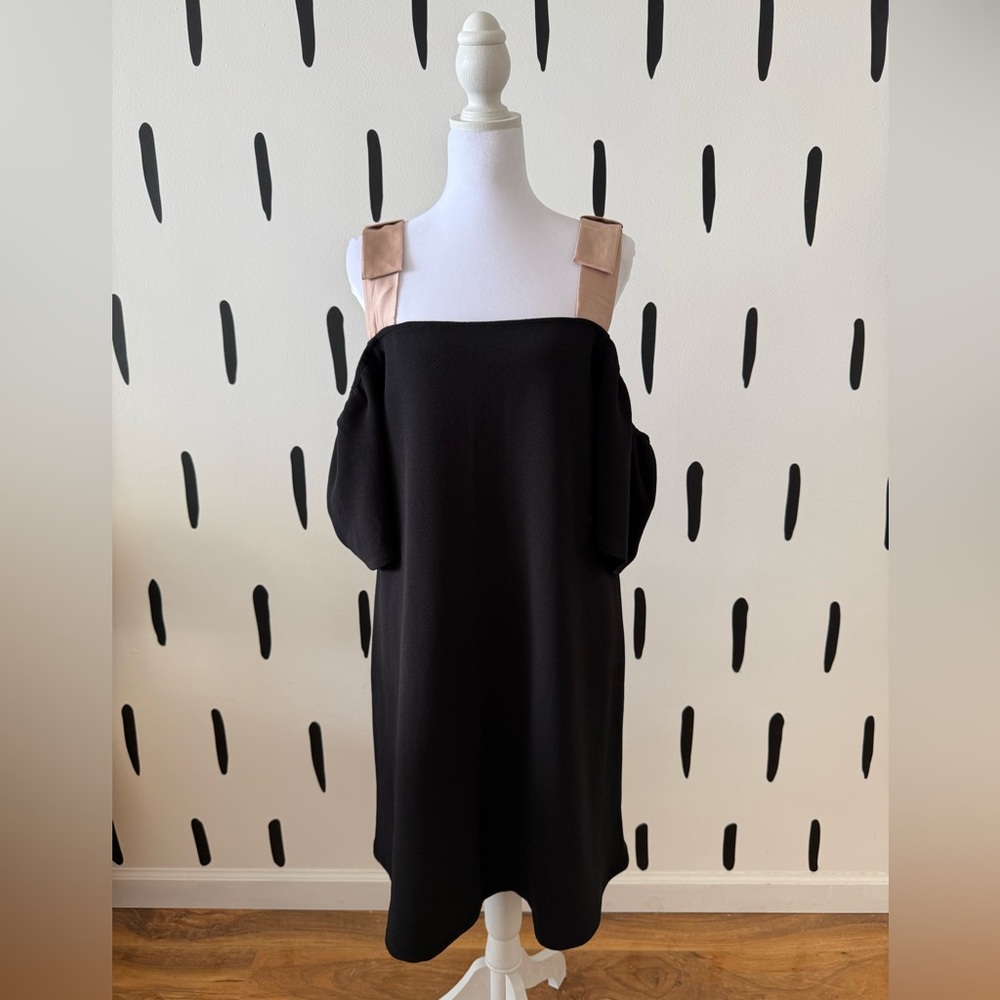 Anthropologie Black Dress with Baby Pink Straps and Off the Shoulder Sleeves